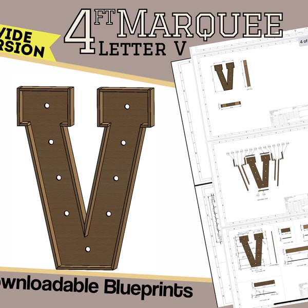 4ft Wide Version - Letter V With Lights Build Plans - Digital Template for Wood/Plastic/MDF Marquee Letter - Mosaic Files Included & DXFs