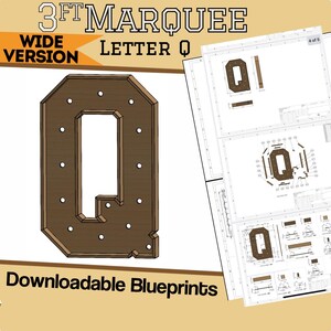 Puede incluir: Una letra Q de madera marrón con bombillas blancas. La letra tiene 91 cm de ancho y forma parte de un letrero luminoso. La imagen también incluye planos de la letra.