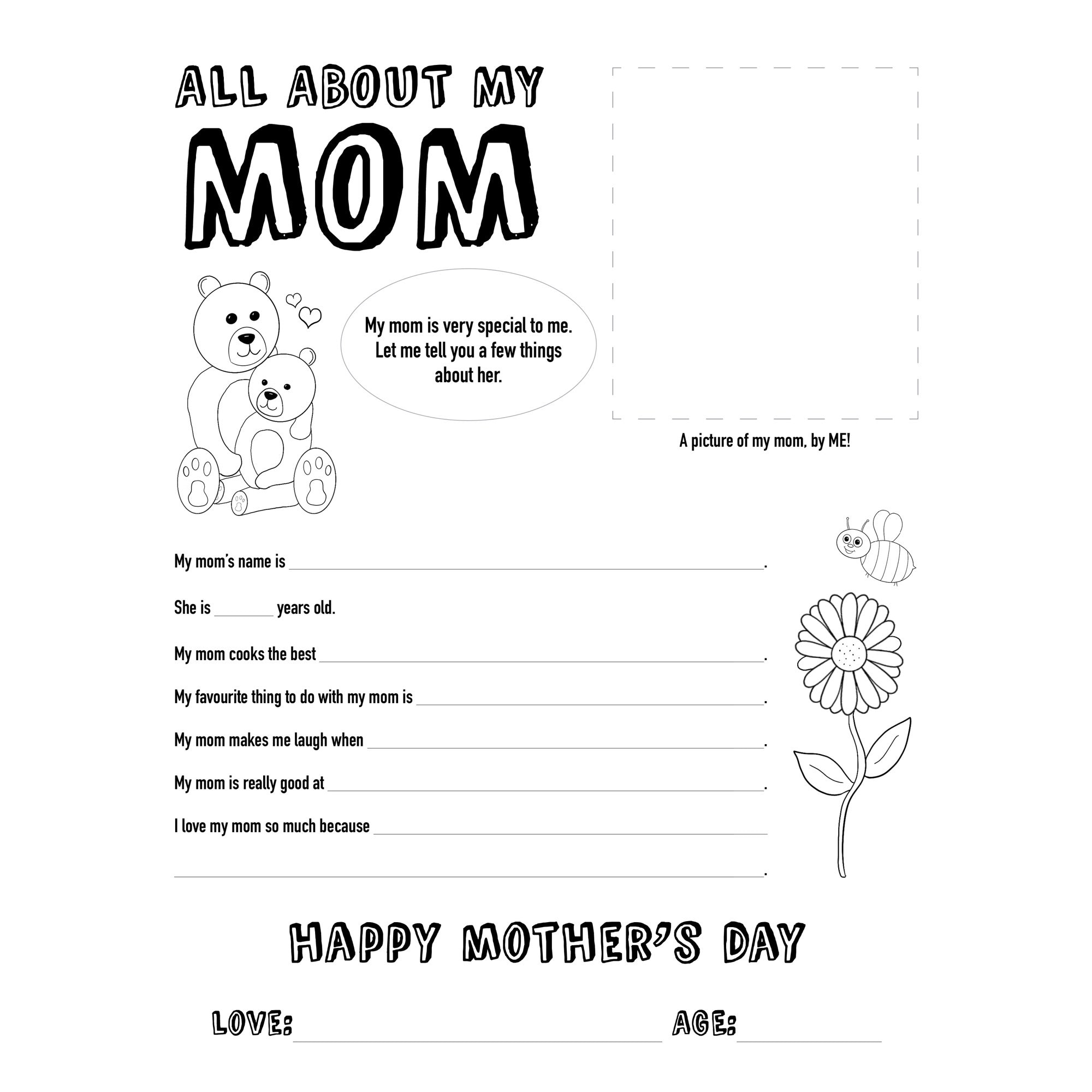 Mothers Day All About Mom Printable Colouring Page and Fill | Etsy