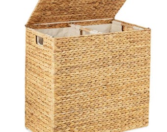 Double Laundry Hamper w/ Lid & 2 Removable Liners, Water Hyacinth Basket w/ Handles, Large Woven Sorter Clothes Organizer, Storage Bin