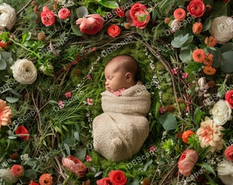 Digital Backdrop Newborn flower Nest, Baby Magical Forest Nest flower, Spring Floral, Digital background, Photoshop Overlays