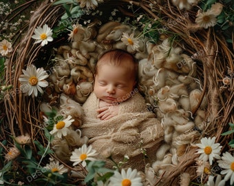 Digital Backdrop Newborn Wildflowers Nest, Baby Magical Forest Nest flower, Spring Floral, Digital background, Photoshop Overlays