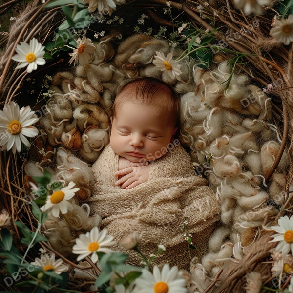 Digital Backdrop Newborn Wildflowers Nest, Baby Magical Forest Nest flower, Spring Floral, Digital background, Photoshop Overlays