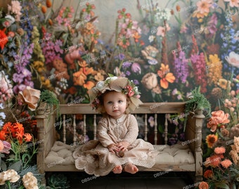 Digital Backdrop With Vintage Wooden Chair in a Flower Field. Backdrop Composite, Photo Background, Photoshop overlays, Digital background
