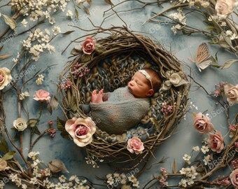 Digital Backdrop Newborn flower Nest, Baby Magical Forest Nest flower, Spring Floral, Digital background, Photoshop Overlays