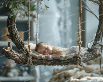 Newborn Magical Forest Tropical Jungle Swing Backdrop. Newborn Baby Composite, Photo Background, Photoshop overlays, Digital background