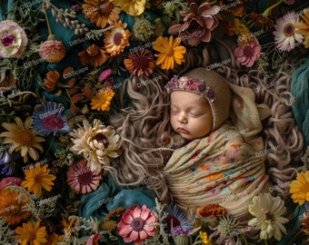 Newborn Flower Face Insert Digital Backdrop, Spring Blossom Overlay for Photoshop, Boho Baby Background. Newborn Overlay, Digital background
