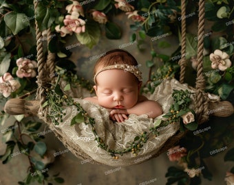 Newborn Magical Forest Tropical Jungle Swing Backdrop. Newborn Baby Composite, Photo Background, Photoshop overlays, Digital background