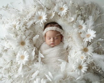 Newborn Digital Backdrop White Flower. Spring Floral Composite digital background, Photoshop Overlays, Studio Background, Newborn overlays