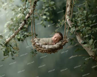 May include: A newborn baby is sleeping peacefully in a woven basket hanging from a tree branch. The basket is made of natural materials and has a soft, cozy interior. The baby is wrapped in a white blanket and has a delicate headband on.