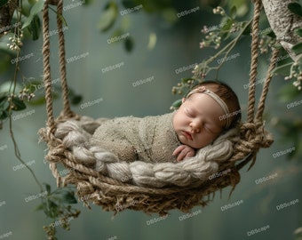 May include: A newborn baby is sleeping peacefully in a woven rope nest, which is hanging from a tree branch. The baby is wrapped in a light brown blanket and has a gold headband on. The background is a soft green.