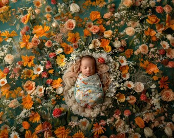 Digital Backdrop Newborn Wildflowers Nest, Baby Magical Forest Nest flower, Spring Floral, Digital background, Photoshop Overlays