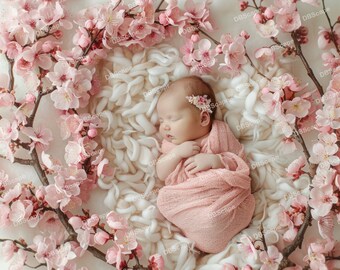 Magical Cherry Blossom Baby Photo Backdrop, Enchanting Newborn Photography Background, Floral Backdrop, Backdrop flower, Digital background