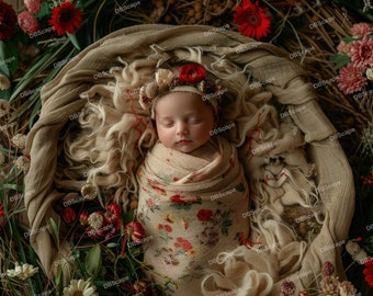 Digital Backdrop Newborn Wildflowers Nest Face insert, Baby Magical Forest Nest flower, Spring Floral, Digital background, Photoshop Overlay