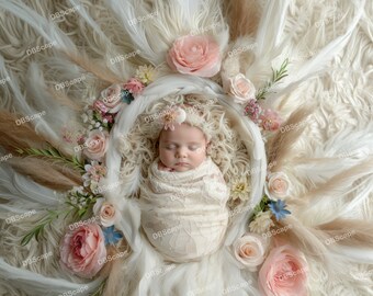 Digital Backdrops Feather Nest with Wildflowers, Newborn Baby Composite, Photo Background, Photoshop overlays, Digital Background