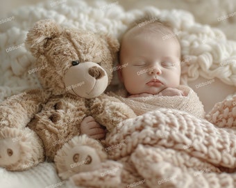 Cream Teddy Bear Newborn Digital Backdrop Face insert, Newborn Digital Backdrop, face insert, Overhead Shot, PNG Composite