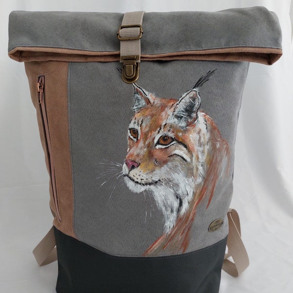 Rucksack mit echter Acrylmalerei Luchs, angenehmes Nubukimitat. Für's Fahrrad, Büro oder einfach zum Shoppen, immer edel und praktisch