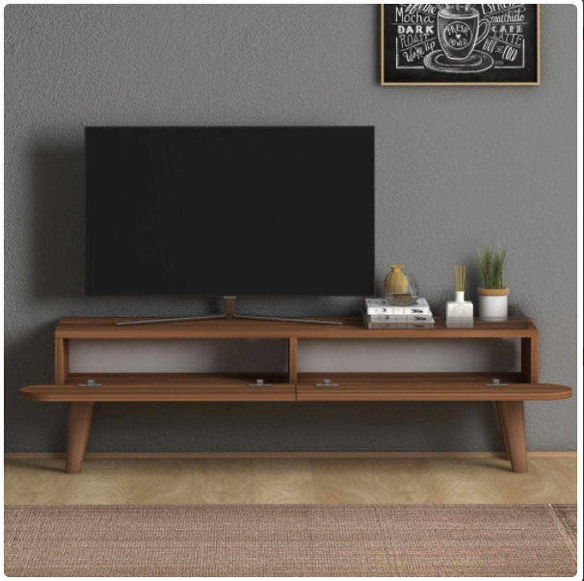 Walnut TV UnitShelf TV Unit Oval Edged TV Stand Saloon Tv Etsy