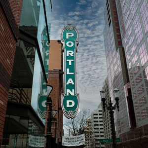 Portland Sign in Front of the iconic Arlene Schnitzer Concert Hall in Portland Oregon During Quarantine.