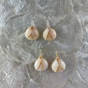 May include: A pair of shell earrings with gold wire accents. The shells are a light beige color and the wire is a shiny gold.