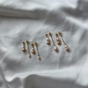 Golden Tide Earrings | 24k Gold Plated and Sterling Silver Freshwater Rice Pearl and Golden Pearl Earrings, Dangling Studs, Bridal Jewelry