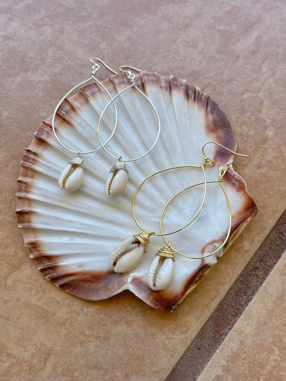 24k Gold Plated and Sterling Silver Ear Wire Cowrie Shell Earrings ...