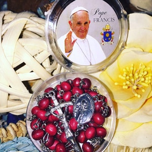 Pope Francis Rosary: Rose Scented Wood Beads, Prayer Card