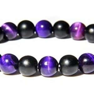 Tiger Eye Purple - Black Obsidian Bracelet - Protective Bracelet Sz 7 Lucky