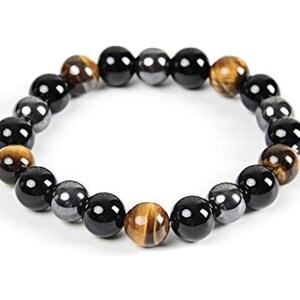 Tiger Eye Triple Protection Hematite and Black Obsidian Bracelet Sz 7