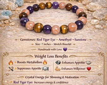 Handmade Tiger Eye, Amethyst, Sunstone Stretch Bracelet (Size 7), 8mm Beads