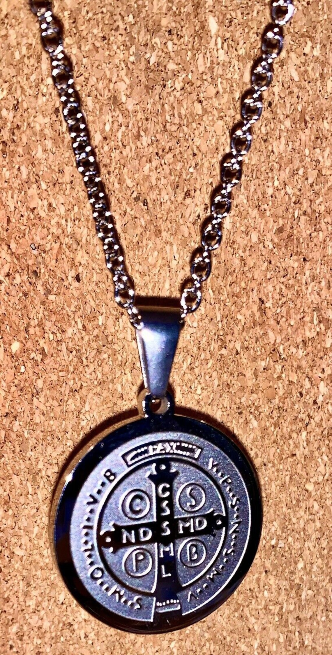 St. Benedict Pendant Necklace Medal Silver Stainless Steel Etsy