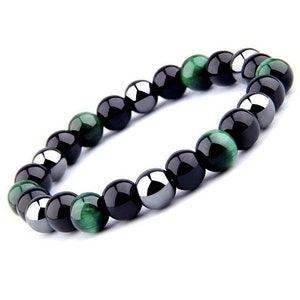 Green Tiger Eye Triple Protection Hematite And Black Obsidian Bracelet Sz7
