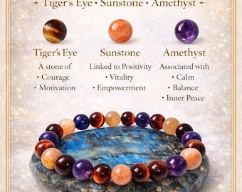 Tiger's Eye Sunstone Amethyst Wellness Bracelet, 8mm Gemstone Beads, Size 7
