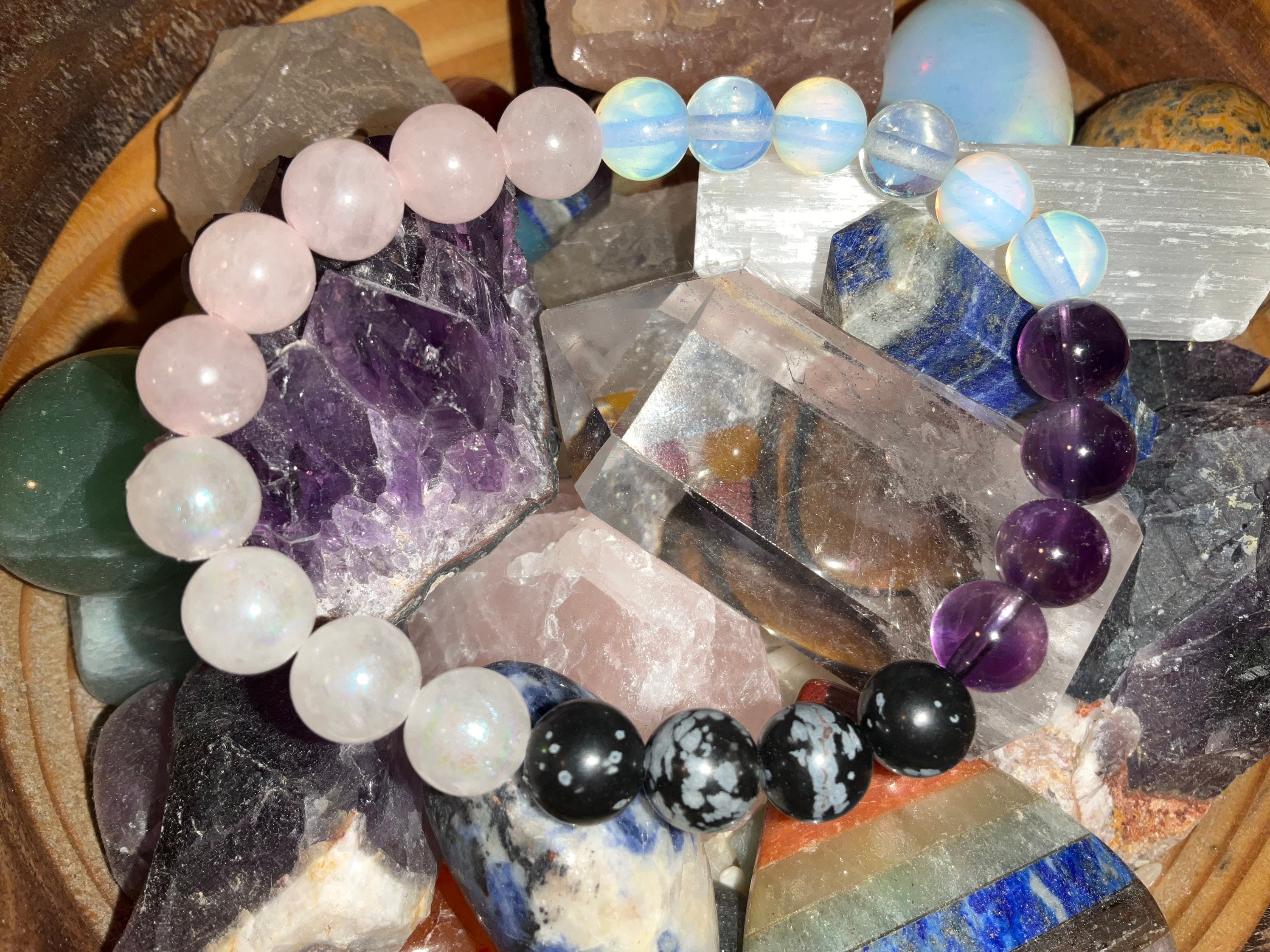 Rose Quartz / Snowflake Obsidian / Amethyst/ Rainbow Moon Stone