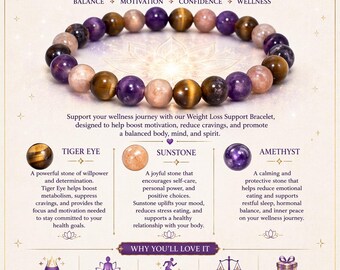 Tiger Eye Sunstone Amethyst Bracelet, Weight Loss Support, 8mm Gemstone Wellness Gift