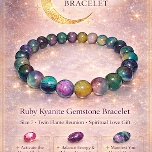 May include: A Ruby Kyanite gemstone bracelet with a variety of colors, including green, purple, and yellow. The bracelet is size 7 and is advertised as a Twin Flame Reunion and Spiritual Love Gift. The text on the image says "Twin Flames Bracelet".