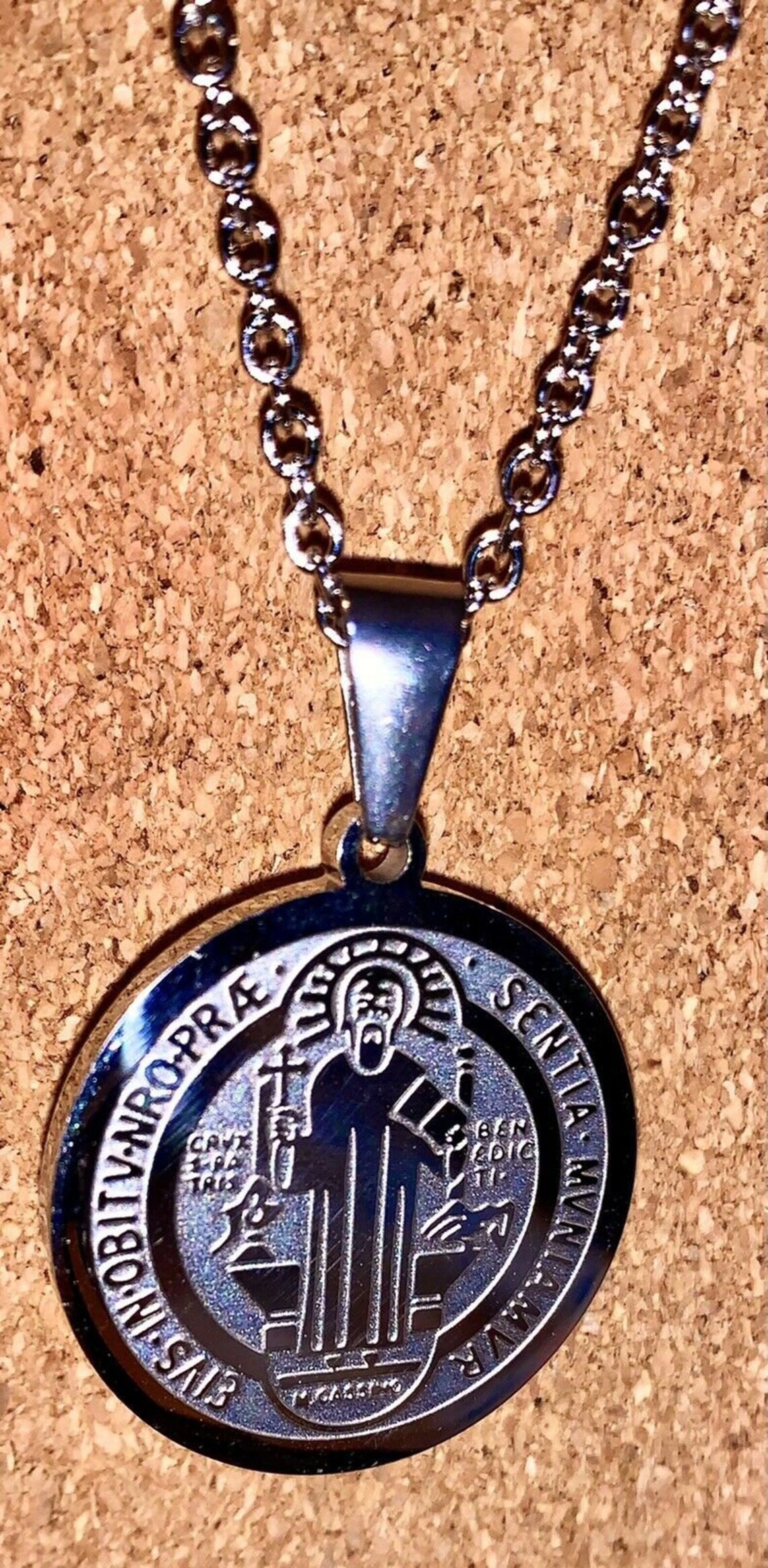 St. Benedict Pendant Necklace Medal Silver Stainless Steel Etsy