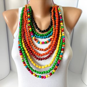 Multi color statement beaded necklace,Large wood bead necklace,Big chunky necklace,Multi strand wooden bead necklace,Large tiered necklace
