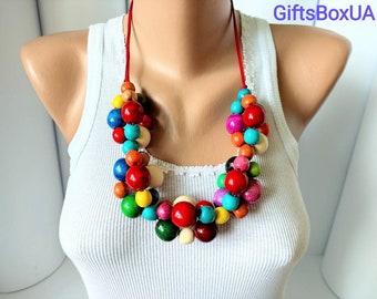 Multi layer orange yellow bead necklace,Crochet beaded necklace,Multi strand wood bead necklace,Handmade unique bead necklace,Wooden jewelry