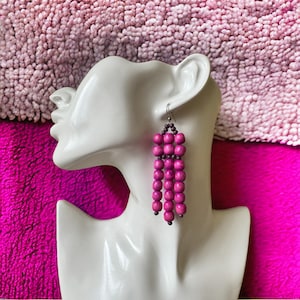 Pink large beaded earrings,Chandelier Dangle Long beaded earrings,Big Natural Eco wooden earrings,Boho wooden earrings,Large Chunky earrings