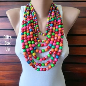 Rainbow Statement Large long wood bead necklace,Multi strand extra big wooden bead necklace,Big bold chunky necklace,Big wood bead necklace