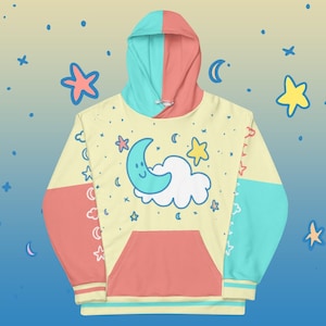 Uroczy księżyc i gwiazdy kolorowe bloki bluza z kapturem | Pastelowa estetyczna bluza Kidcore Unisex 2XS-6XL