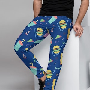 Spodnie piżamowe Fast Food 80's Memphis | Wzór Burger Fries Soda | Spodnie dresowe męskie z kieszeniami | Spodnie dresowe męskie piżamy XS-3XL