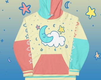 Cute Moon & Stars Color Block Hoodie | Pastel Aesthetic Kidcore Unisex Sweatshirt