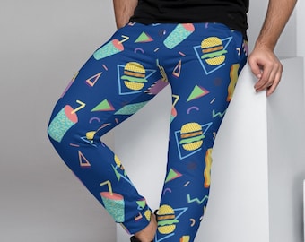 Fast Food 80's Memphis PJ Pants | Burger Fries Soda Pattern | Men's Joggers Pockets | Guys Sweatpants Pajamas XS-3XL