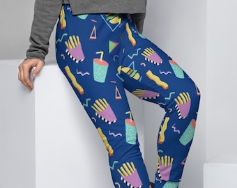 Fast Food 80's Memphis PJ Pants | Burger Fries Soda Pattern | Women's Joggers Pockets | Ladies Sweatpants Pajamas XS-3XL