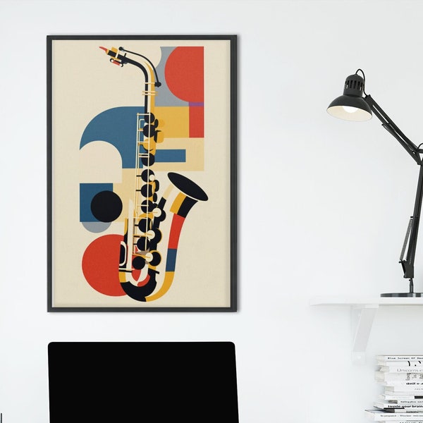 Abstract Saxophone Poster Art Print | Bauhaus Geometric Minimal Jazz Music Decor