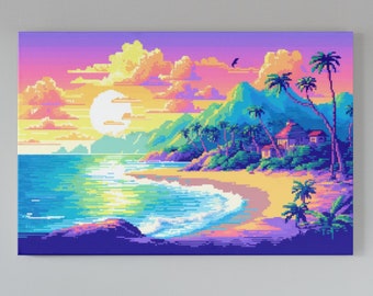 Vaporwave Beach Pixel Art Print | Retro 8-Bit Sunset Poster