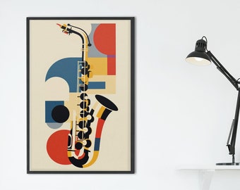 Abstract Saxophone Poster Art Print | Bauhaus Geometric Minimal Jazz Music Decor