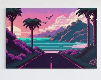 Vaporwave Beach Pixel Art Print: Retro Gamer Wall Decor
